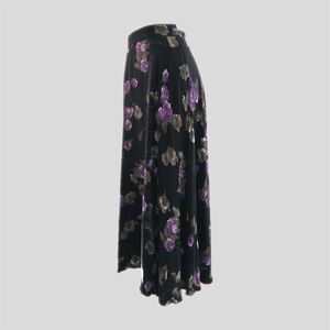 Vintage 1990s ABS Black Purple Rose Floral Pretty Flowy Midi Skirt Women’s 6 S